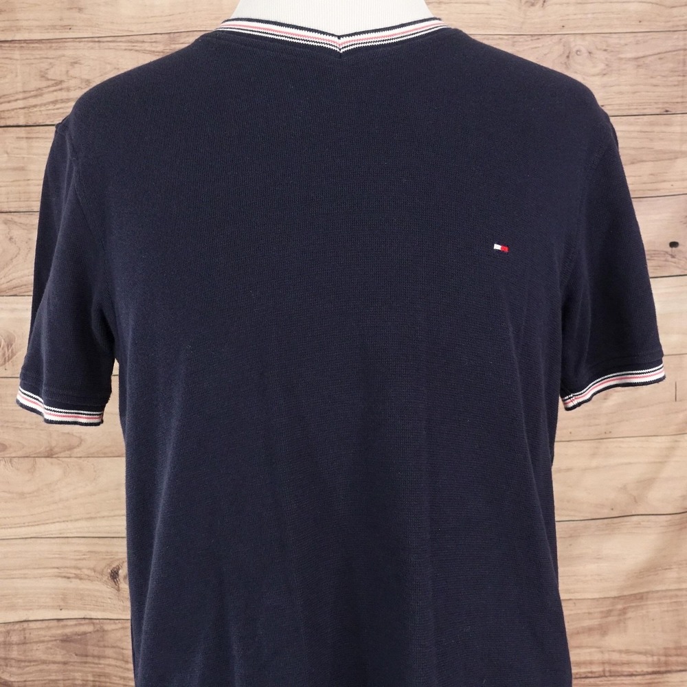 Tommy Hilfiger Shirt Mens M Blue Ringer V Neck Flag Logo Cotton Tee T-Shirt